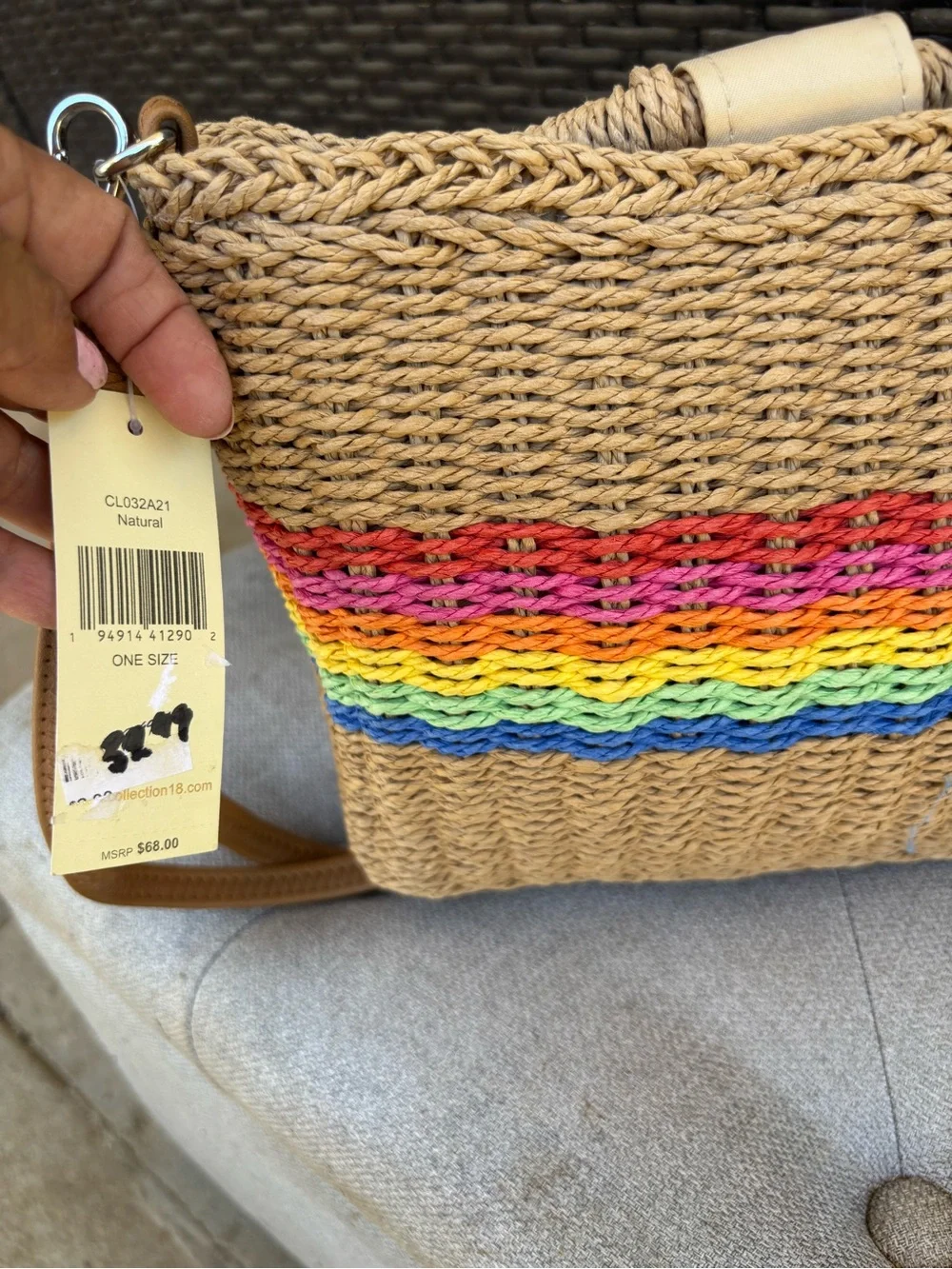 Woven Straw Crossbody Tote with Rainbow Stripe